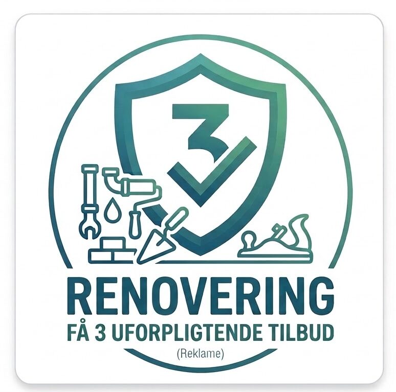 Et stiliseret logo med en blå-grøn gradient på en hvid baggrund. Øverst ses et skjold med tallet '3' og et flueben, omgivet af en cirkulær bue. Nedenunder skjoldet er der en række håndværktøjer som skruenøgler, en malerrulle, en murerske og en høvl, placeret oven på nogle mursten. Under billedet står teksten "RENOVERING" med store bogstaver, og derunder med mindre skrift: "FÅ 3 UFORPLIGTENDE TILBUD" efterfulgt af "(Reklame)"