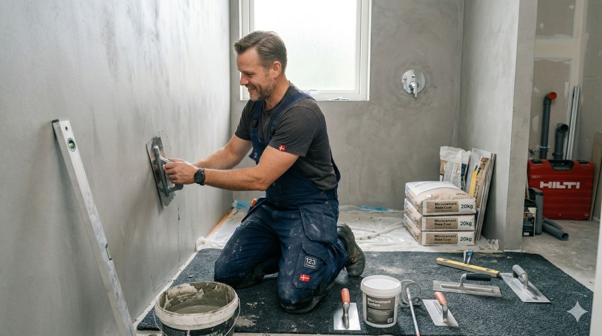 En glad håndværker i blå overalls og knæpuder påfører microcement på en badeværelsesvæg i en totalrenovering. Han bruger et stålbræt til at glatte cementblandingen ud. Der er poser med 'Microcement Base Coat' og værktøj på gulvet. Dansk stil