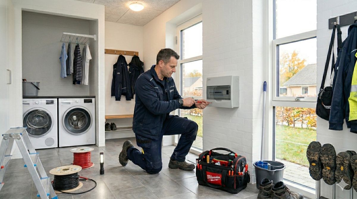 En mandlig dansk elektriker i gang med at montere ledninger i en moderne el-tavle. Han bærer arbejdstøj, og billedet er lyst og naturtro.